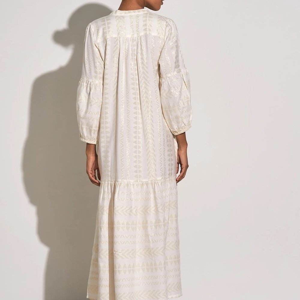 Elan NWOT Coastas Kaftan Maxi Dress White & Gold Bohemian Vacation Sz XS - Picture 3 of 7